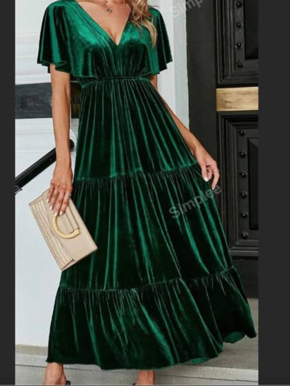 BRAND NEW Womens Long Green Formal Velvet Dress with Short Sleeves (Never Worn)